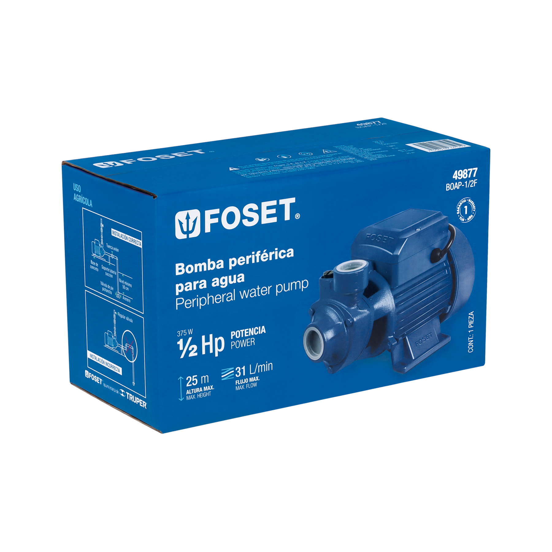 Bomba Eléctrica Periférica Foset BOAP-1/2F Azul Monofásica 60 Hz 1/2 HP
